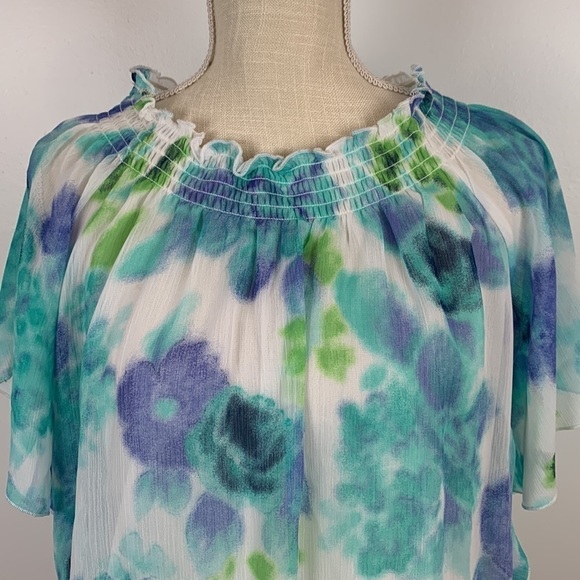 Massini Shirred Floral Blouse Flutter Angel Sleeves Size Large - Picture 2 of 12